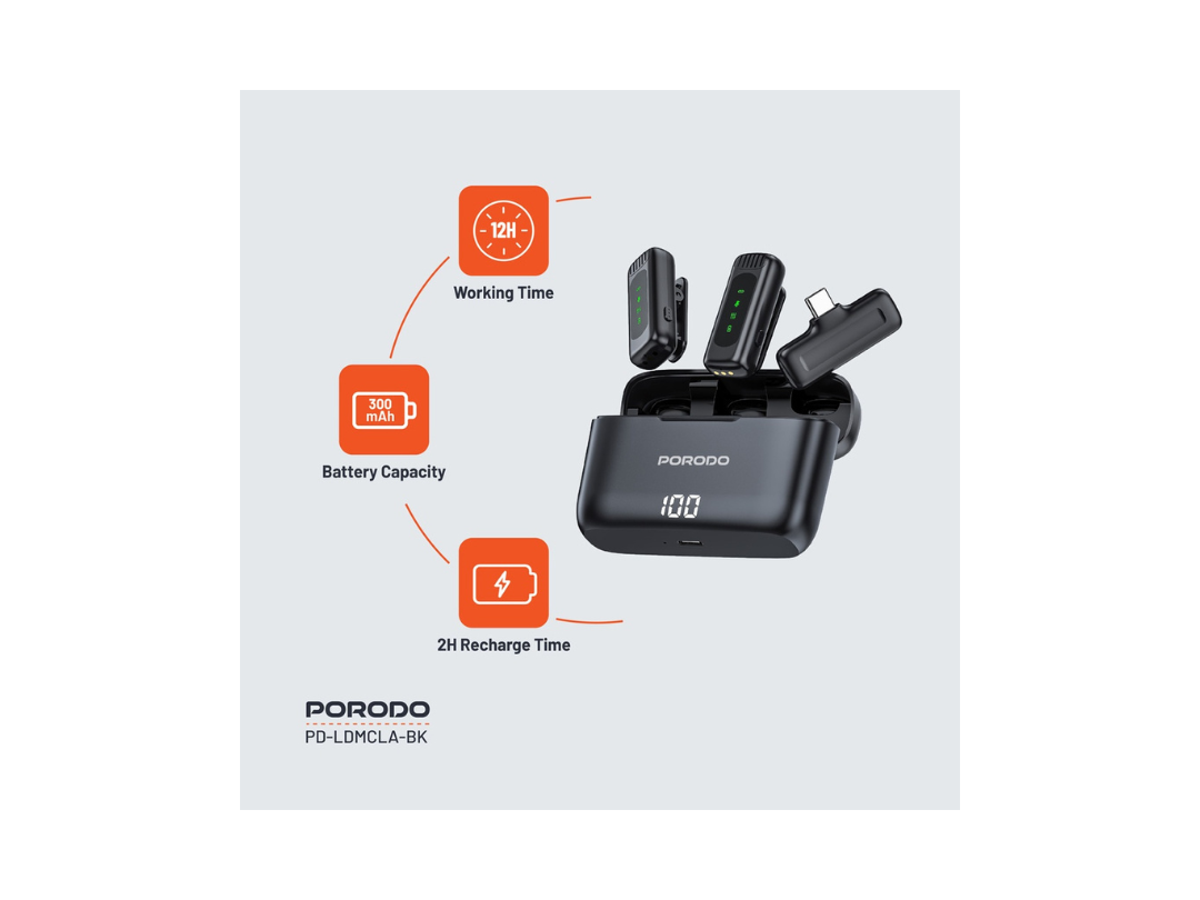 Porodo Lavalier Double Microphone with Charging Case - Black Porodo Lavalier Double Microphone with Charging Case - Black